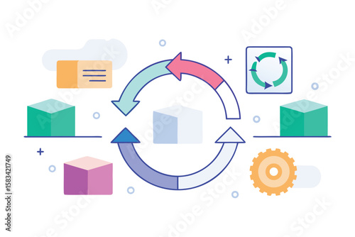 Illustrated conceptual diagram representing processes, circular flows, data synchronization, and technological operations.