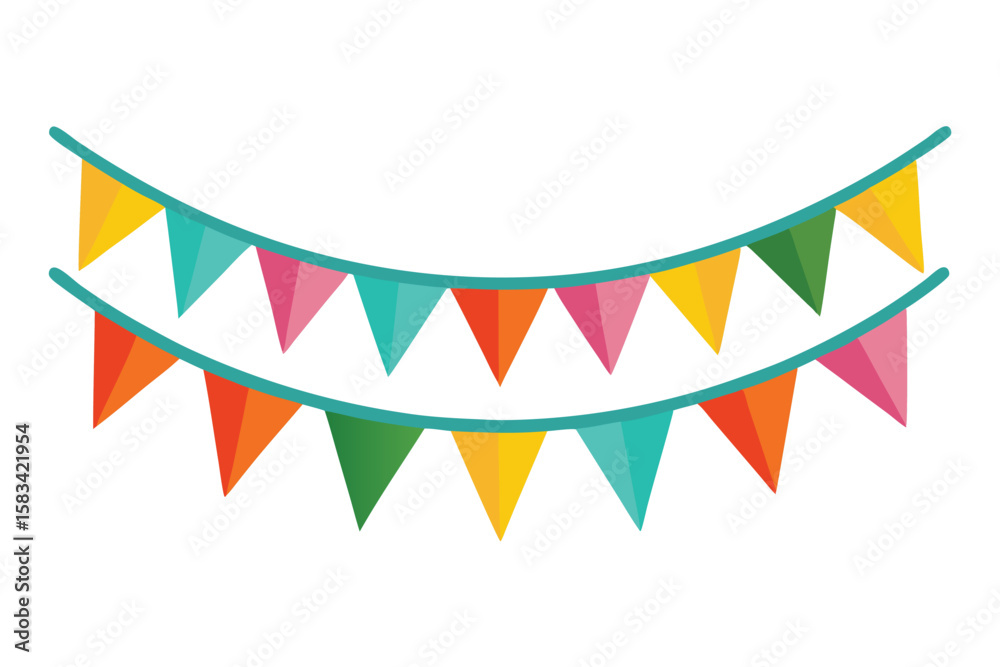 Obraz premium Colorful Celebration Bunting Garland with Triangular Flags Strung on Turquoise Twine