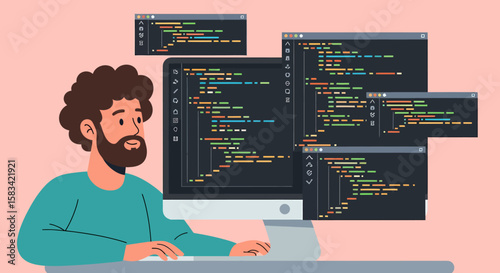 Cartoon man with curly hair coding on multiple screens with colorful code.