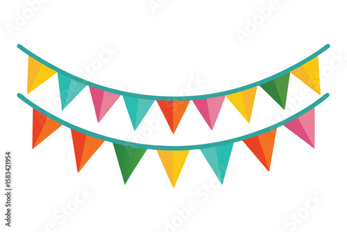 Colorful Celebration Bunting Garland with Triangular Flags Strung on Turquoise Twine