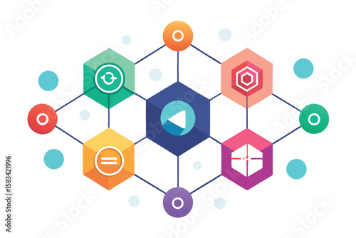 Modern abstract design depicting a network of interconnected icons and geometric shapes against a white background.