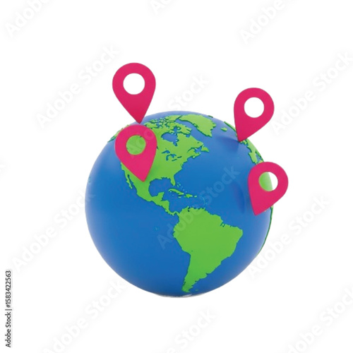 Global Locations Pink Location Markers on a 3D World Globe for Worldwide Navigation and Geography
