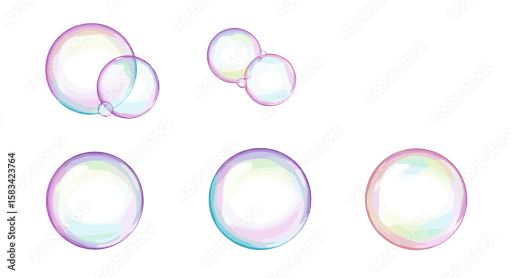 Fototapeta premium Illustration showing multiple soap bubbles with iridescent colors floating against a white background space