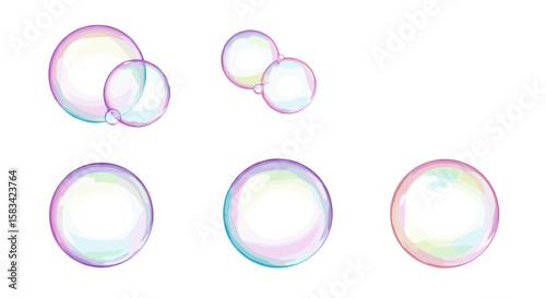 Illustration showing multiple soap bubbles with iridescent colors floating against a white background space