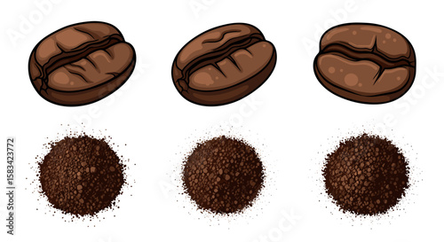 Illustration showing three coffee beans and three piles of ground coffee on a white background space 100
