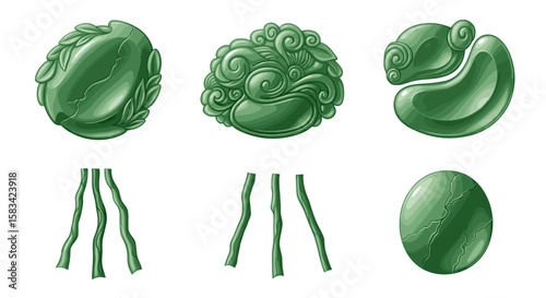 Collection of six green jade stone carvings with various designs and shapes on a white background art