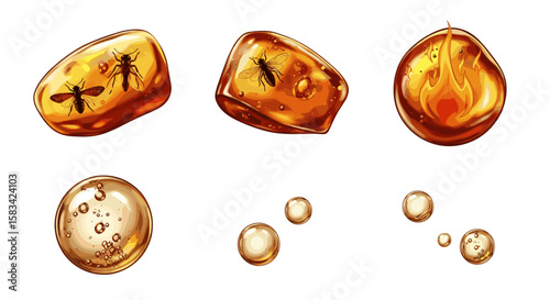 Amber pieces showcasing fossilized insects and inclusion with bubbles on a white background view
