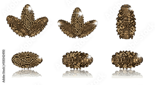 Six pieces of jewelry with a snake skin pattern arranged in two rows on a white background