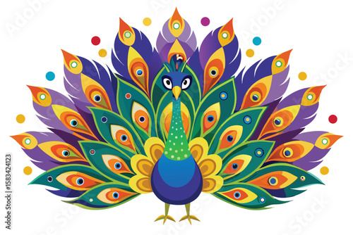 Colorful Peacock Illustration Displaying Vibrant Plumage and Intricate Feather Designs on a White Background