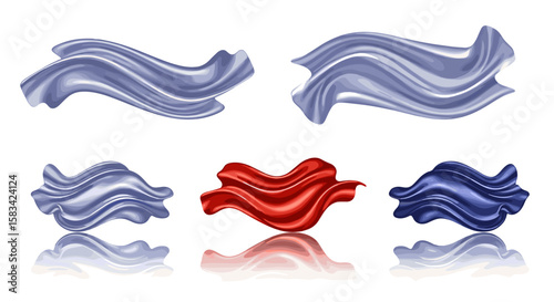 Artistic depiction of flowing satin fabric pieces in various colors and reflective surfaces on white background