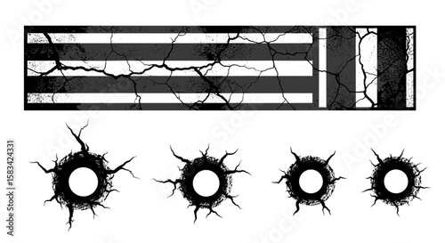 Grunge style banner with horizontal stripes and four cracked hole designs in black and white color scheme