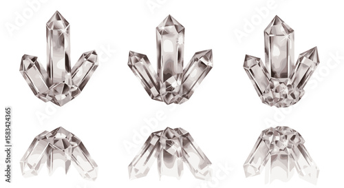 Illustration of six clear quartz crystal clusters arranged in two rows on a white background space showing