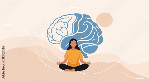 Meditating woman with stylized brain illustration promoting mental wellness and mindfulness.