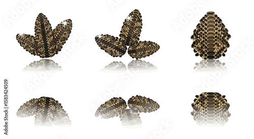 Six patterned objects with reflections arranged on a white surface in a symmetrical composition