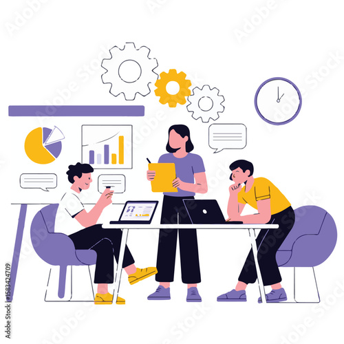 Vector cartoon illustration of diverse business people working in an office, some at desks with computers and laptops, others conversing or on the phone, reflecting various job occupations
