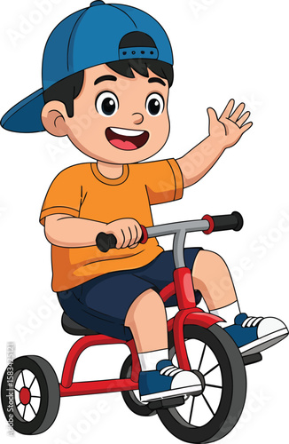 A cheerful young boy waves while riding a red tricycle, smiling happily.