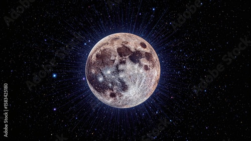 Visual of a lunar surface surrounded by shining stars