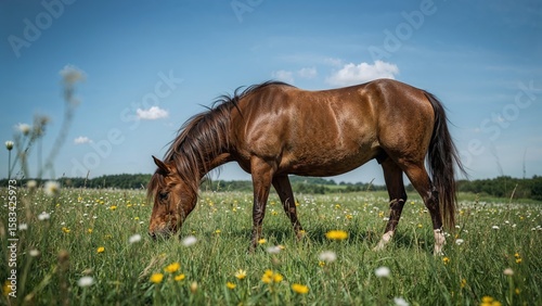 Horse Feeding in a Green Field