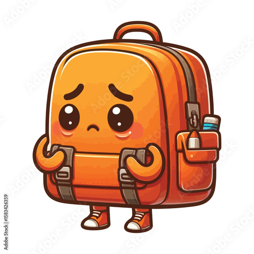 Sad Orange Backpack Cartoon Character Illustration vector isolated on white background