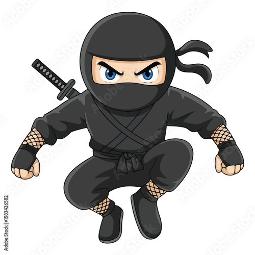 Cartoon ninja warrior character illustration with a sword