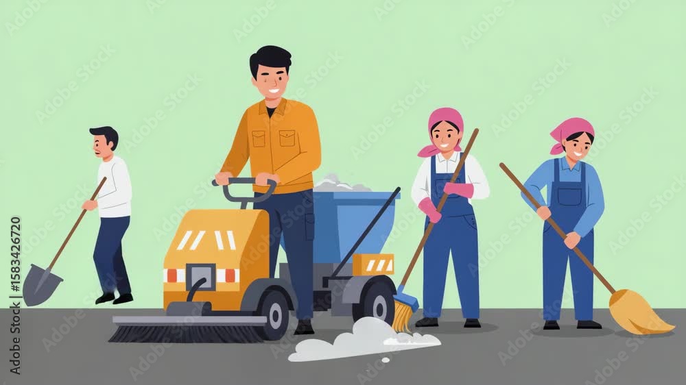 Street Cleaning Crew with Vehicle and Various Cleaning Tools Pixel Art on Gray Background Street Cleaning Crew with Vehicle and Various Cleaning Tools Pixel Art on Gray Background