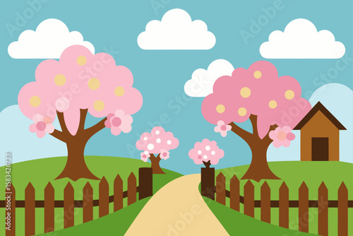 Spring and summer landscape illustrations with trees, fences, flowers, and grass under a clear sky depict the beauty of nature