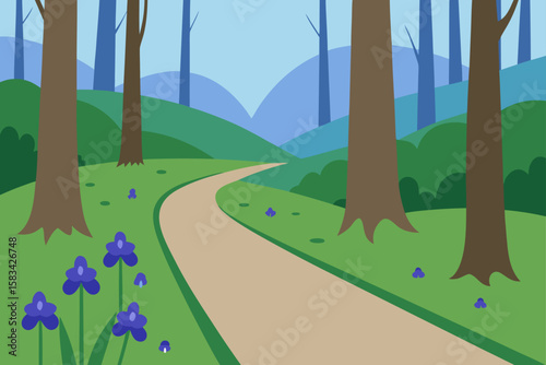Lush green landscape with trees under a blue summer sky, featuring a winding road through fields and distant hills