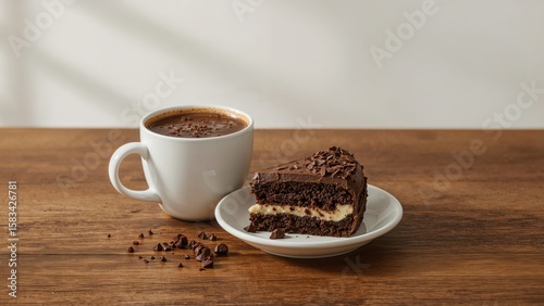 A white mug filled with instant coffee alongside a slice of cake