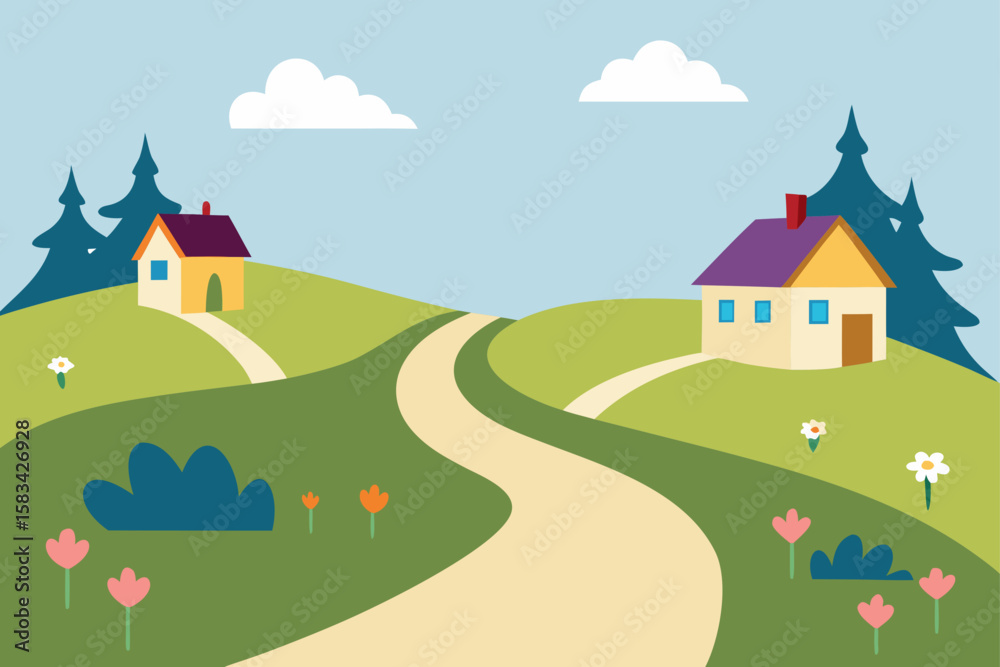 Naklejka premium Cartoon vector illustration of a charming castle on a green hill with a winding road, surrounded by a peaceful rural landscape under a summer sky
