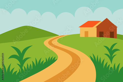 A charming cartoon summer rural landscape illustration with a house, road, and green trees under a blue sky
