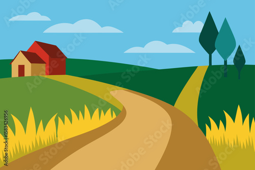 A vibrant vector illustration of a summer rural landscape with a house, green trees, and rolling hills under a bright sky