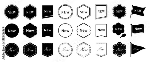 NEWの文字入りモノクロラベル・リボン・バッジ素材セット（シンプル フラット 汎用 アイコン ベクター）