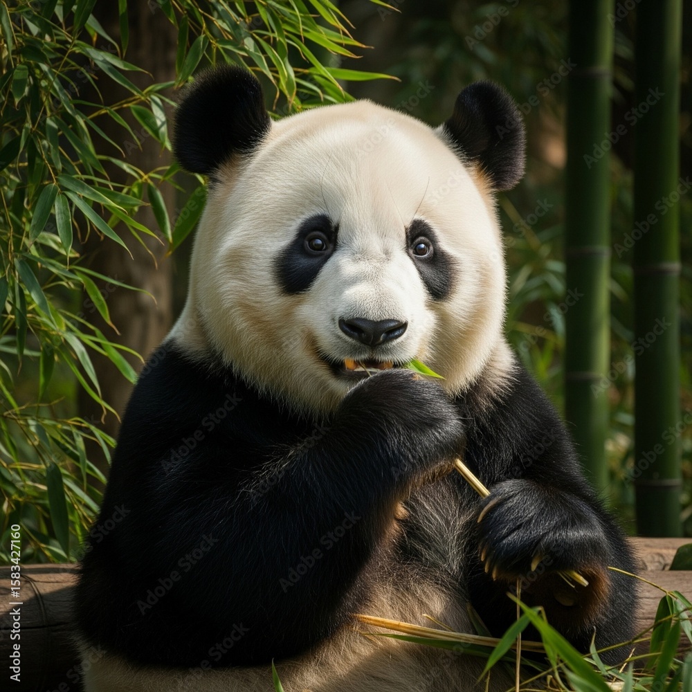 Fototapeta premium Giant Panda Enjoying Bamboo - A Close-Up