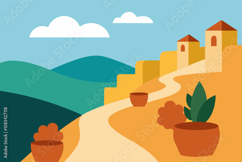 Cartoon vector illustration of a green cactus in the desert landscape with mountains and sun