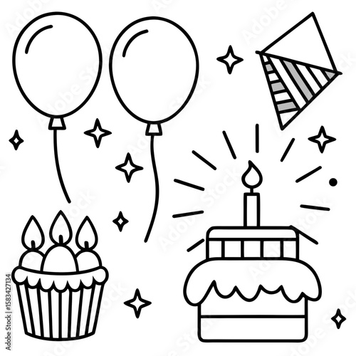 Birthday Bash Line Art Vector Set