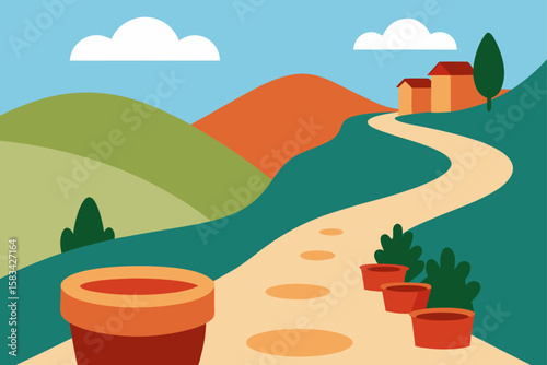 A vibrant vector illustration of a cactus in a desert landscape under a clear blue sky with distant mountains