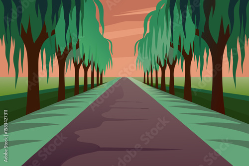 A tranquil pathway winds through a summer park, leading to the distant sea under a blue sky