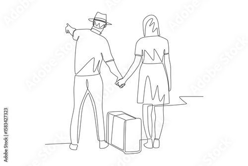 Romantic couple going on vacation. Romantic trips concept one-line drawing