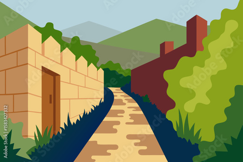 

Cartoon vector illustration of a city landscape with green trees, urban buildings, and a road leading through the town under a summer sky