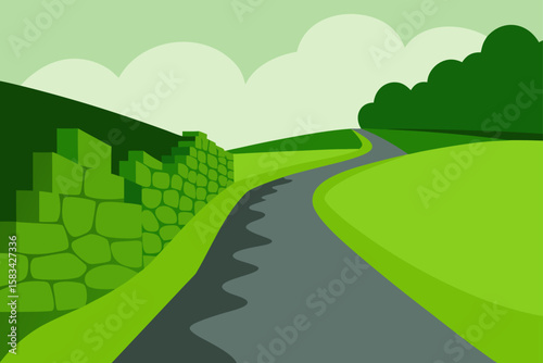A vibrant summer landscape with a winding road through green fields, leading towards a distant city under a clear sky