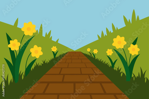 A vibrant spring landscape featuring a field of yellow daffodils under a sunny sky with green grass and distant hills