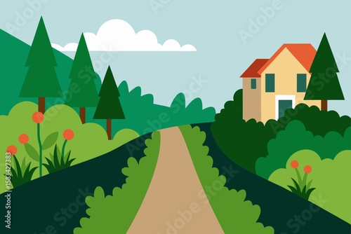 A charming vector illustration depicts a serene rural landscape with a village nestled among trees and mountains under a clear sky