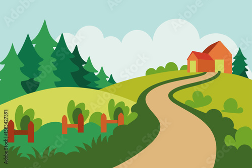Green summer rural landscape with cartoon houses, trees, hills, and a cloudy sky