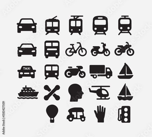 Vector set of black silhouette transportation icons including cars, trucks, buses, trains, airplanes, and ships, perfect for travel and road traffic designs