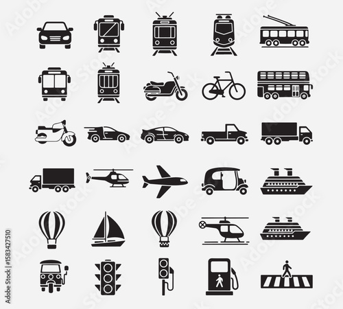 A vector set of transportation and travel icons, including cars, trucks, buses, trains, airplanes, and ships, perfect for design or business