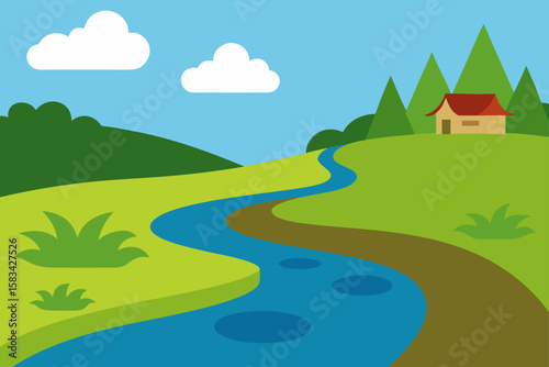 Green country landscape vector illustration with summer sky, hills, and a road leading to distant mountains