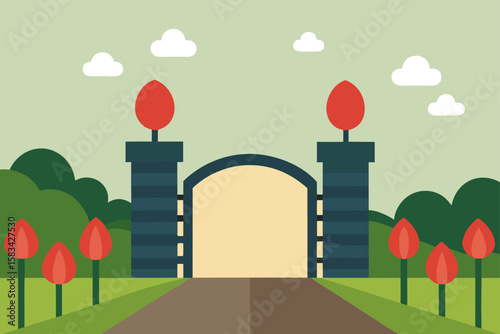 Eco-friendly city vector illustration with green trees, sky, and buildings, showing a harmonious urban landscape