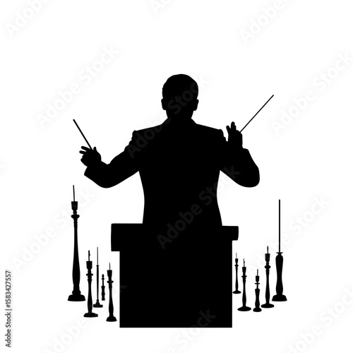 Conductor silhouette conducting orchestra with baton on white background