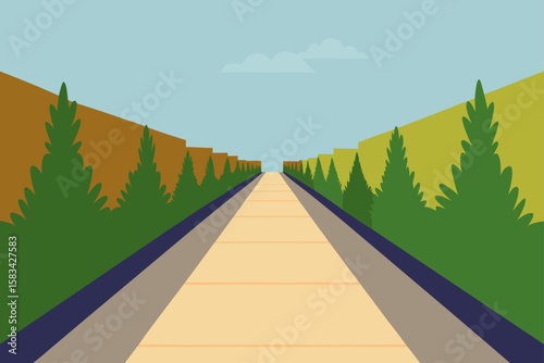 Autumn forest road landscape with a clear sky, green trees, and rural fields