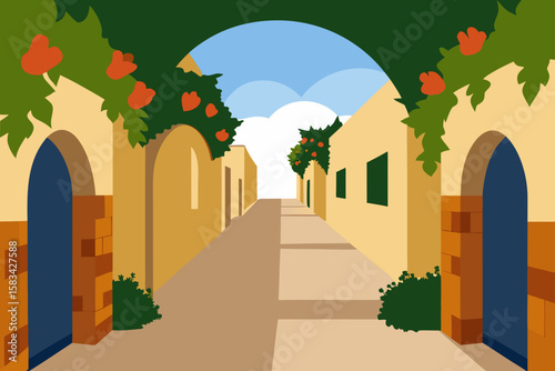 Old stone alley in a historic European city with ancient church architecture and a towering castle